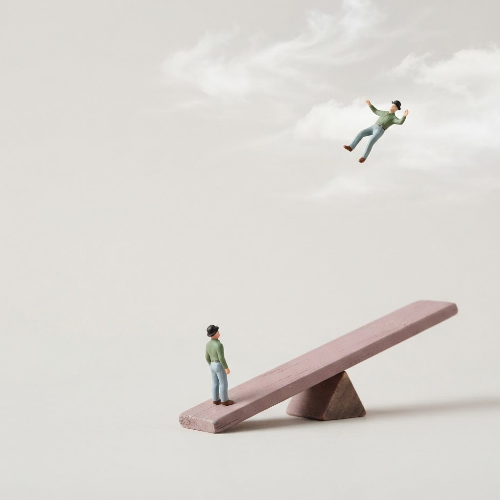 A miniature figure launched high into the air from a seesaw, symbolising momentum and growth